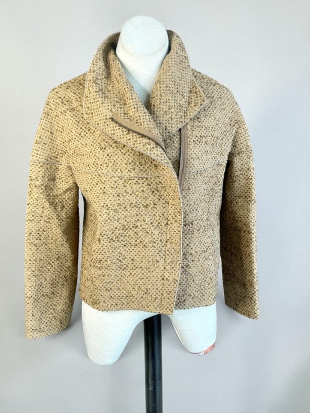 Akris Punto Brown Tweed Wool Blend Moto Side Zip Jacket Blazer Size 6